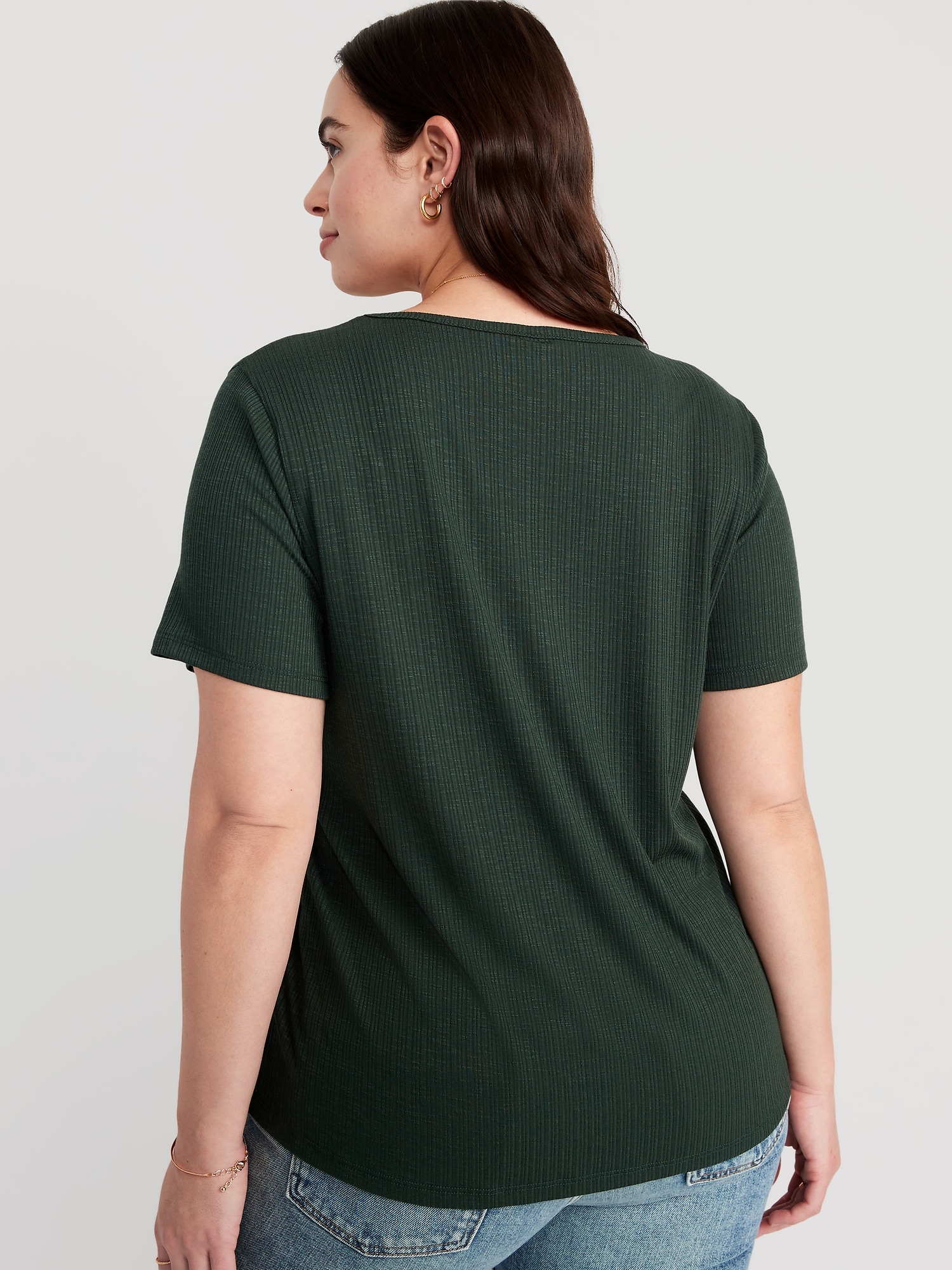 Slub-Knit Old | V-Neck Ribbed for Navy Women Luxe T-Shirt