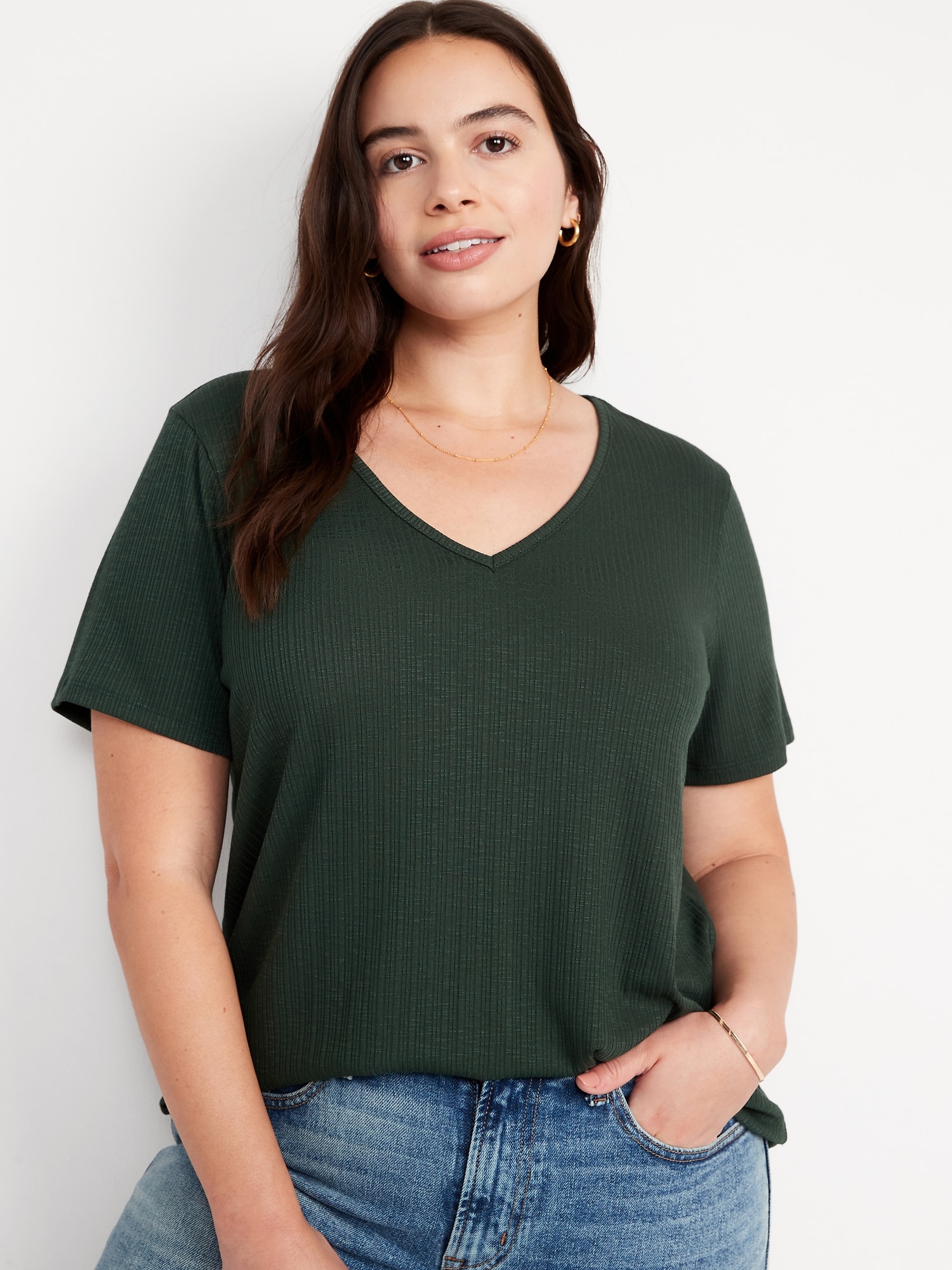 Luxe V-Neck T-Shirt Ribbed Old Women Slub-Knit | for Navy