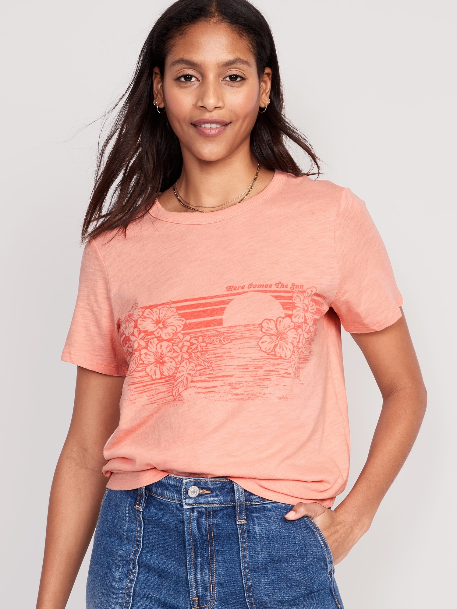 Old Navy EveryWear Slub-Knit Graphic T-Shirt for Women pink. 1