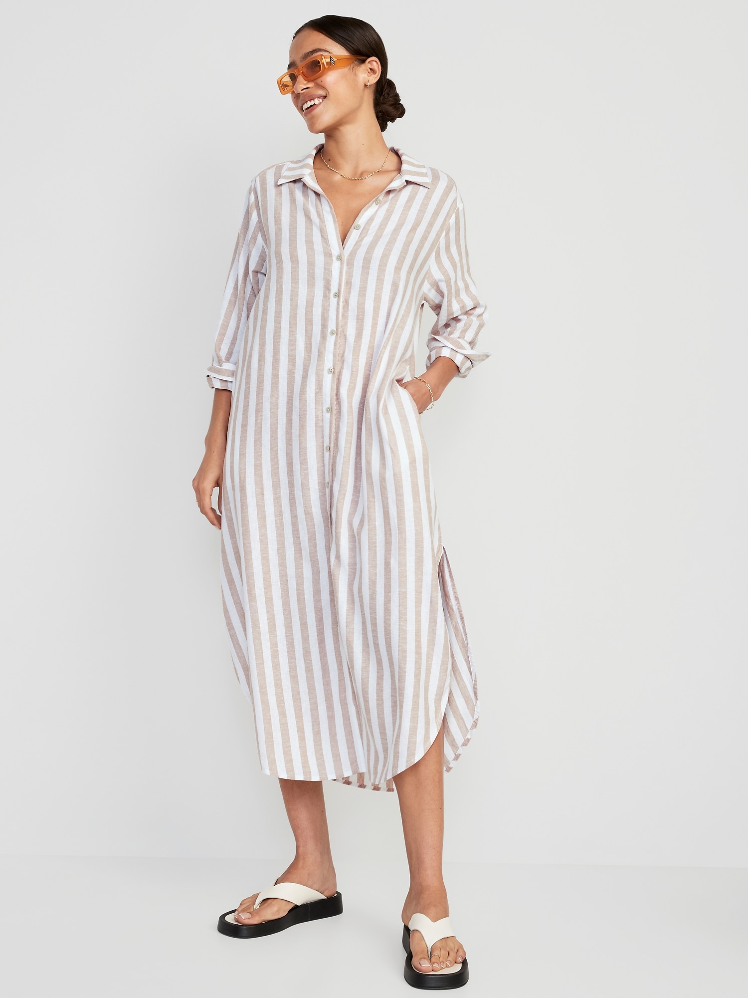 Long-Sleeve Linen-Blend Shirt Dress for Women | Old Navy