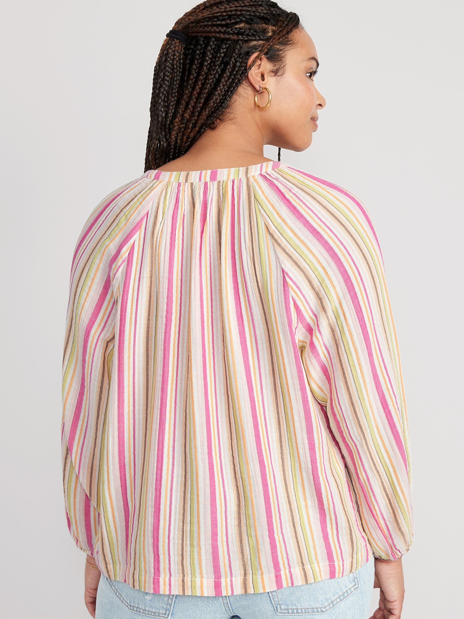 Long-Sleeve Striped Split-Neck Top | Old Navy