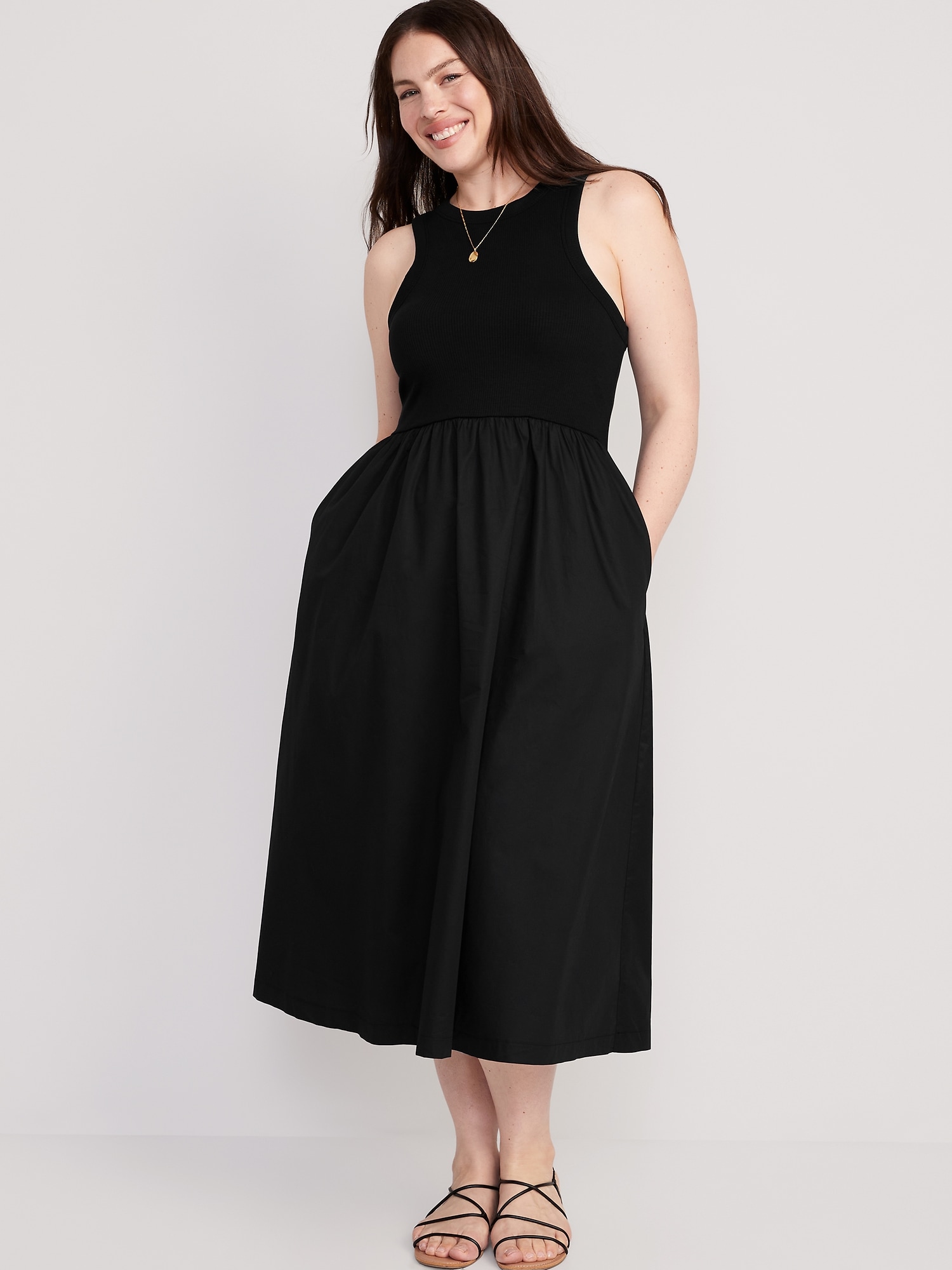 Fit & Flare High-Neck Combination Midi Dress