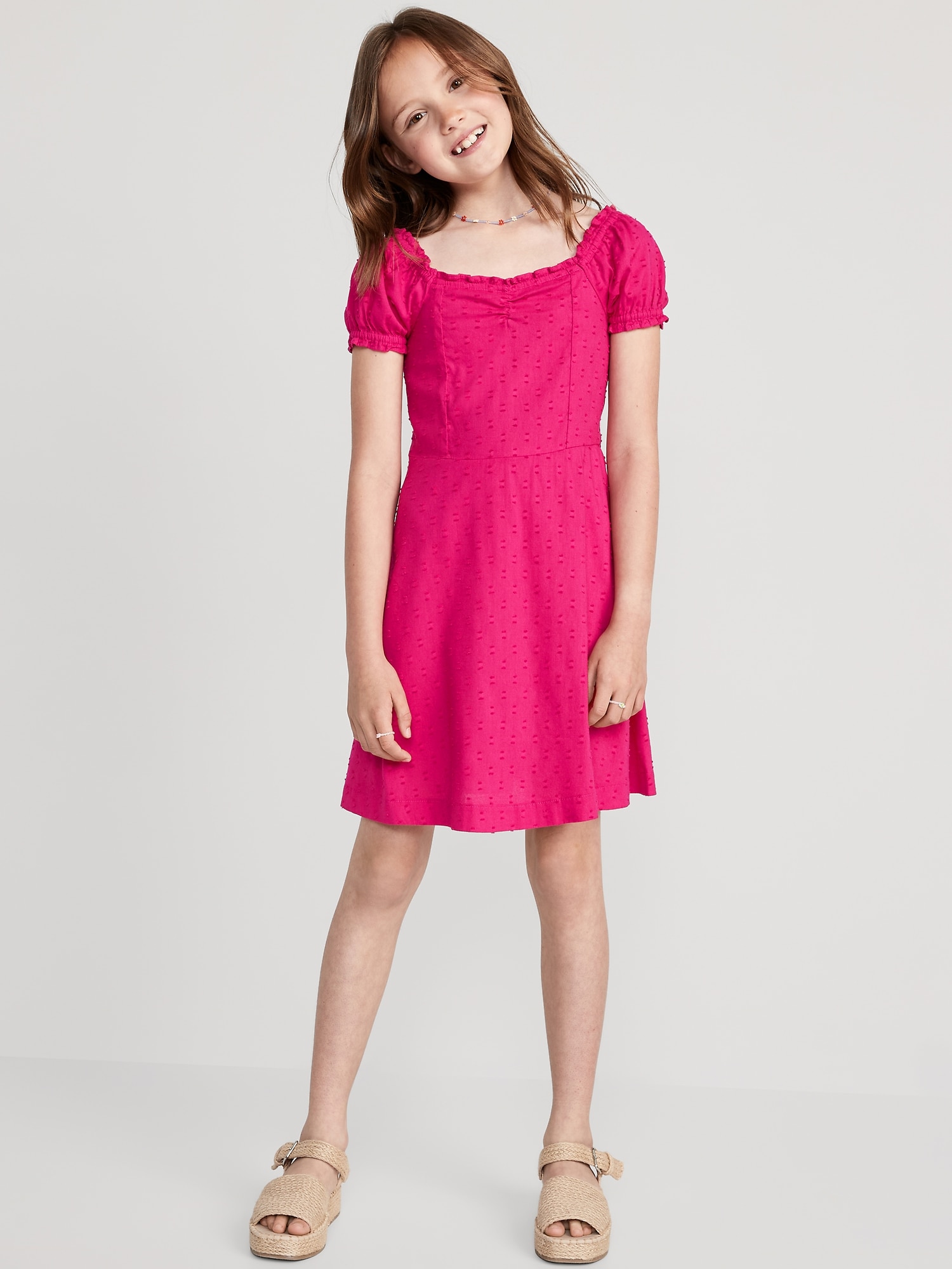 Puff-Sleeve Clip-Dot Fit & Flare Dress for Girls