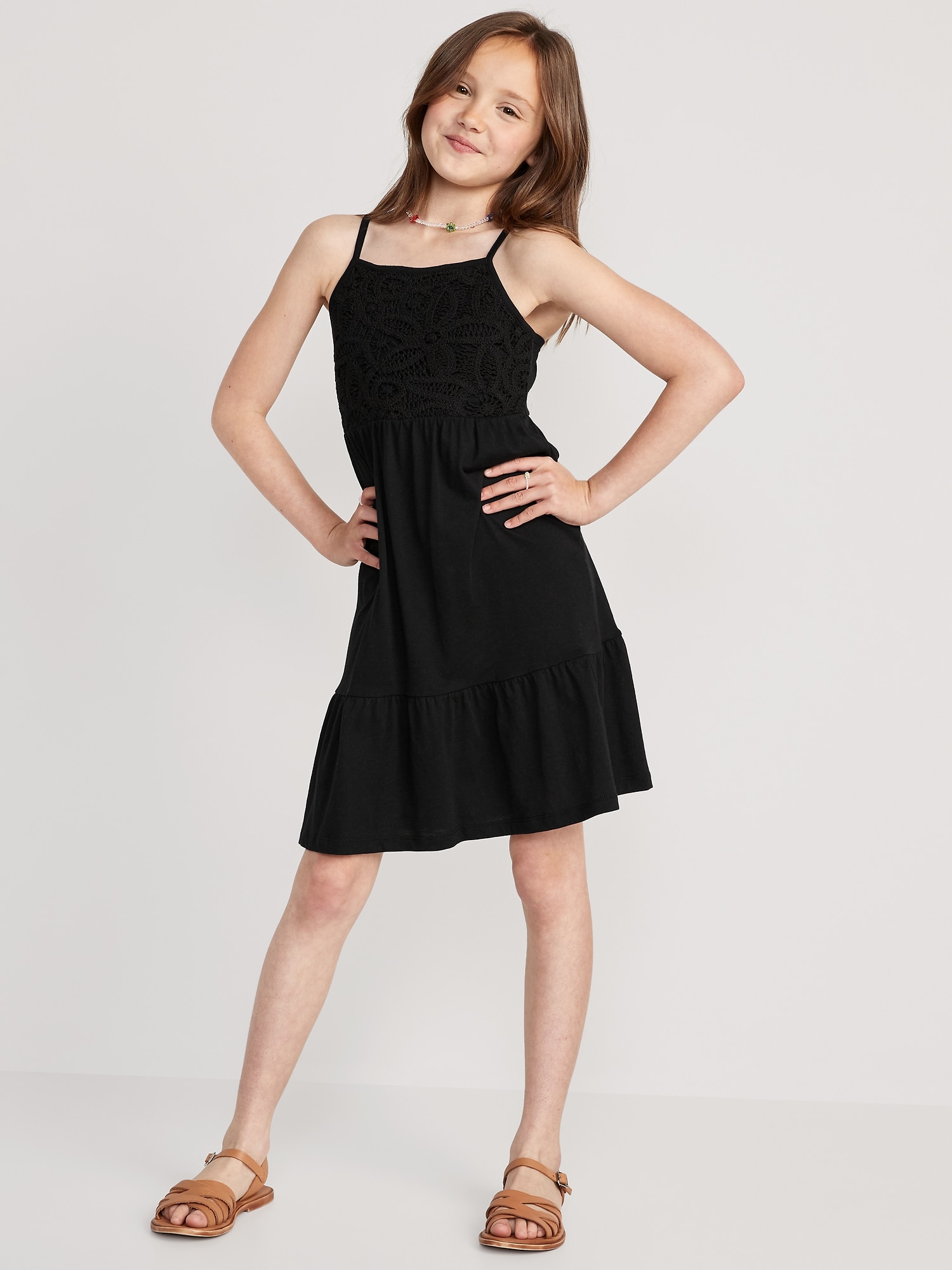 Old Navy Fit & Flare Floral-Knit Bodice Cami Dress for Girls black. 1