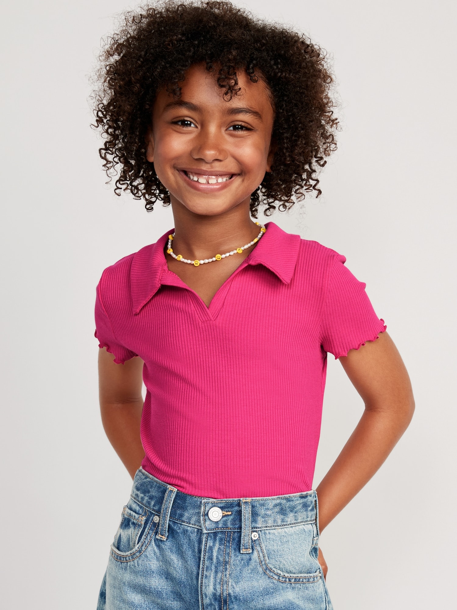 Old Navy Rib-Knit Collared Lettuce-Edge Shirt for Girls pink. 1