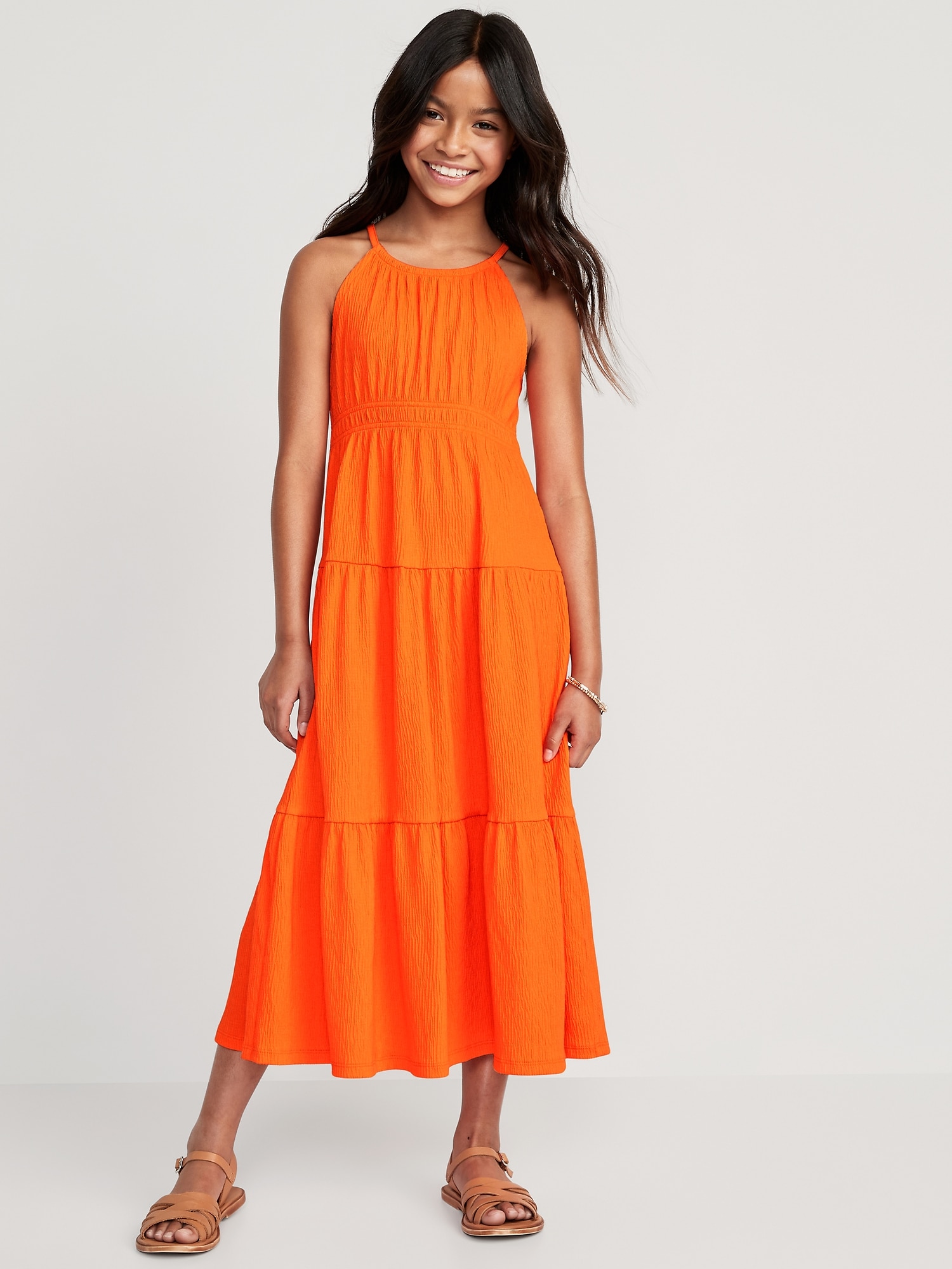 Old Navy Sleeveless Waist-Defined Tiered Smocked Maxi Dress for Girls orange. 1