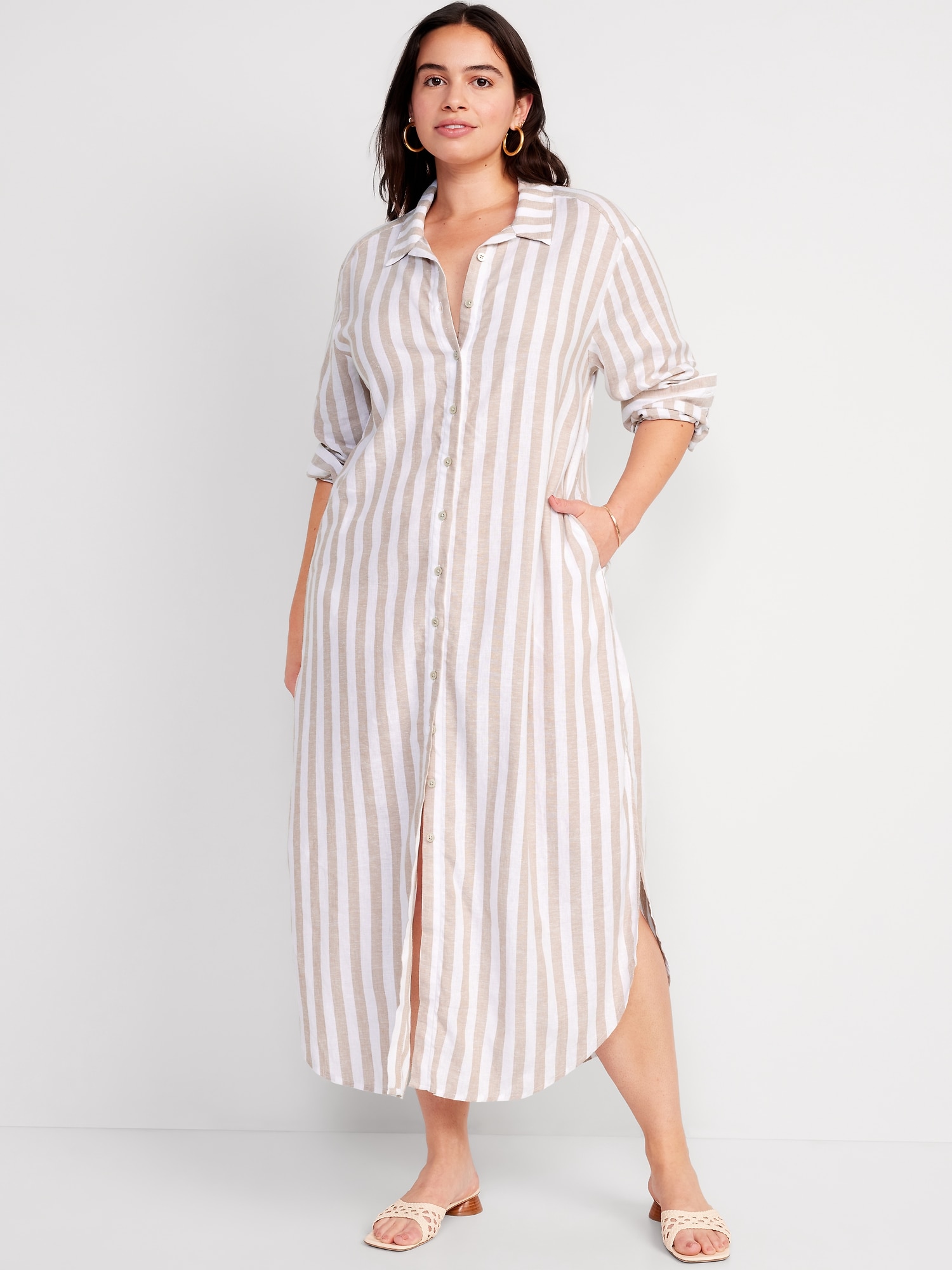 Long-Sleeve Linen-Blend Shirt Dress
