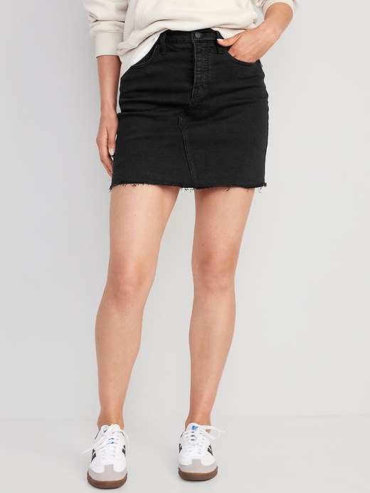 High-Waisted OG Straight Button-Fly Black Mini Jean Skirt | Old Navy