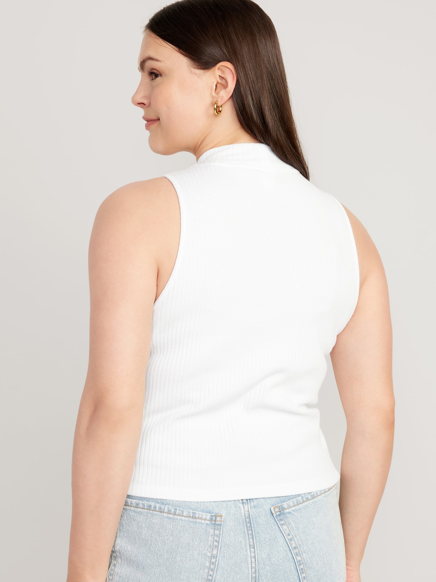 Ribbed High Neck Tank Top White