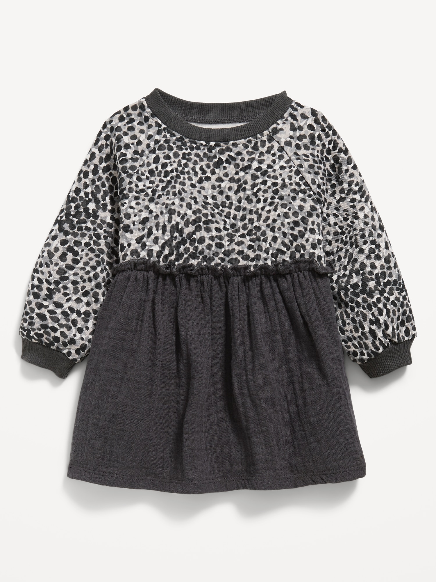 Long-Sleeve Printed Textured Ruffle-Trim Dress for Baby