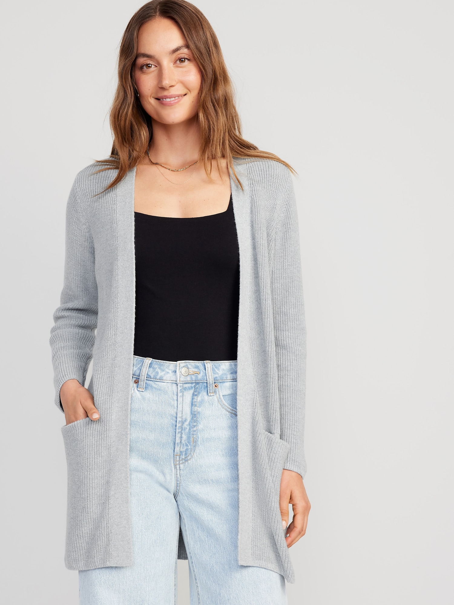Textured Open Front Sweater Jacket - Marled
