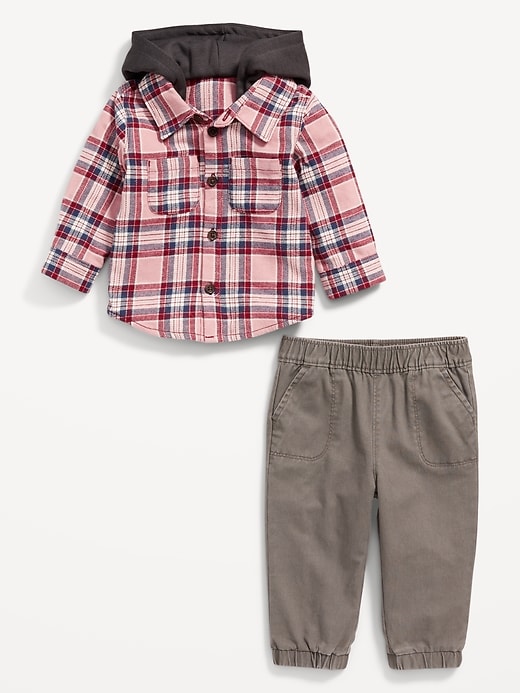View large product image 2 of 2. Hooded Soft-Brushed Flannel Shirt &  Jogger Pants Set for Baby