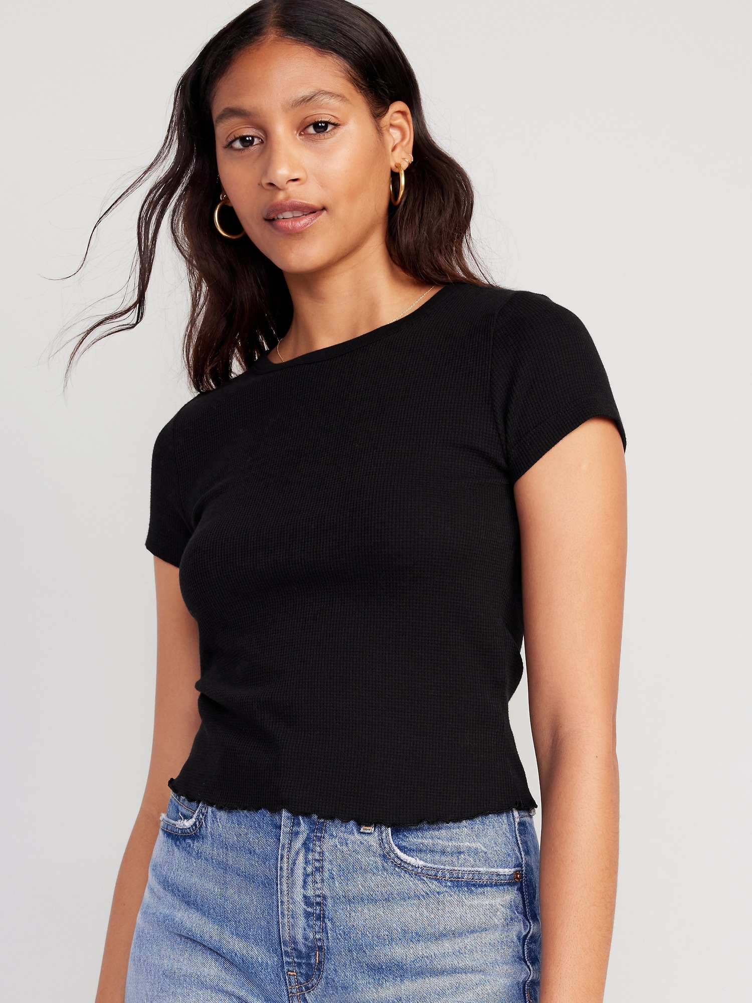 Old Navy Lettuce-Edge Thermal-Knit Cropped T-Shirt for Women black. 1
