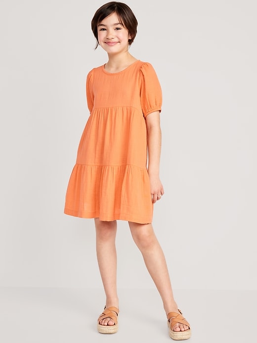 View large product image 1 of 4. Puff-Sleeve Double-Weave Swing Dress for Girls
