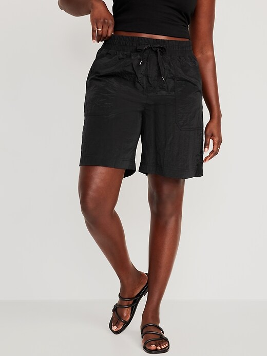 High-Waisted Shiny Nylon Bermuda Shorts for Women -- 11-inch inseam ...