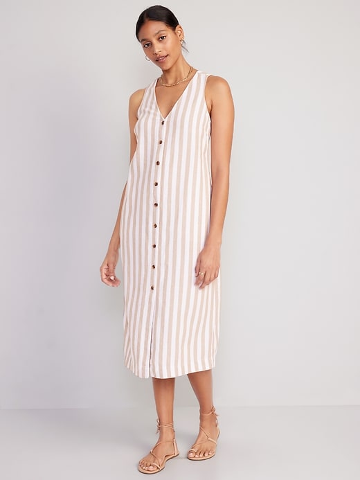Image number 1 showing, Sleeveless Button-Front Linen-Blend Midi Dress