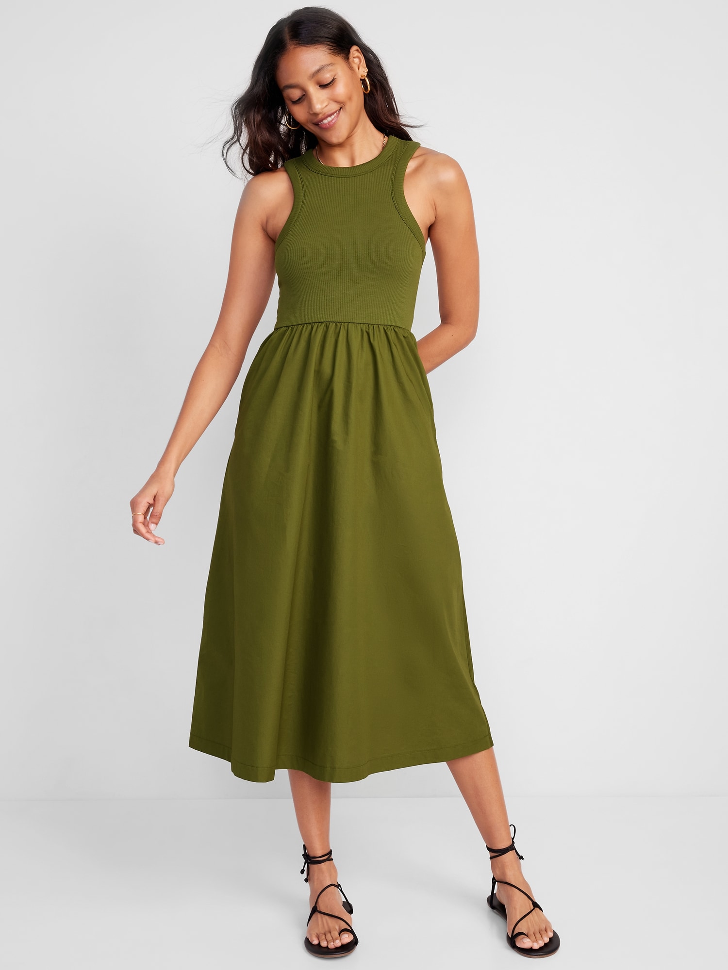 Fit & Flare High-Neck Combination Midi Dress for Women | Old Navy