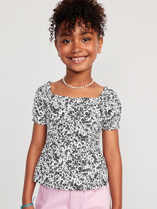 View large product image 1 of 3. Printed Short Puff-Sleeve Smocked Top for Girls