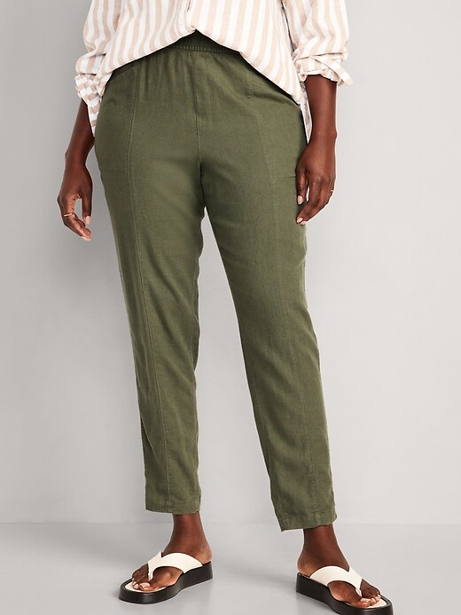 Image number 5 showing, High-Waisted Cropped Linen-Blend Tapered Pants