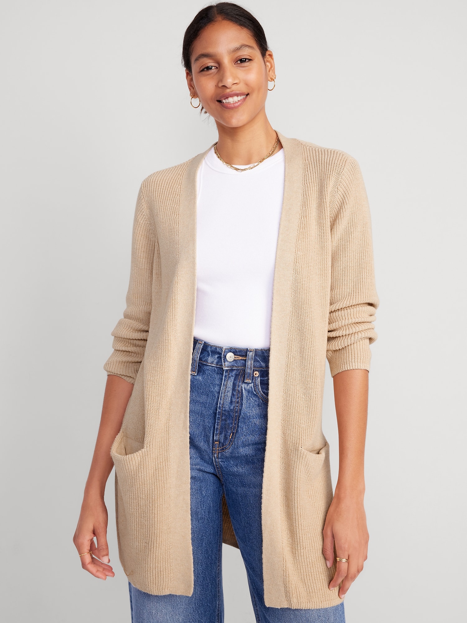 Open Knit Cardigan with Pockets and Fluted Sleeves in Oatmeal – Shop Hearts
