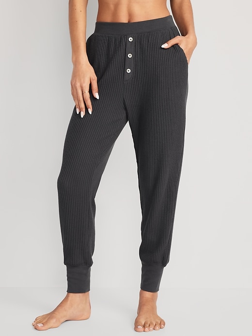Image number 1 showing, High-Waisted Waffle-Knit Pajama Jogger Pants