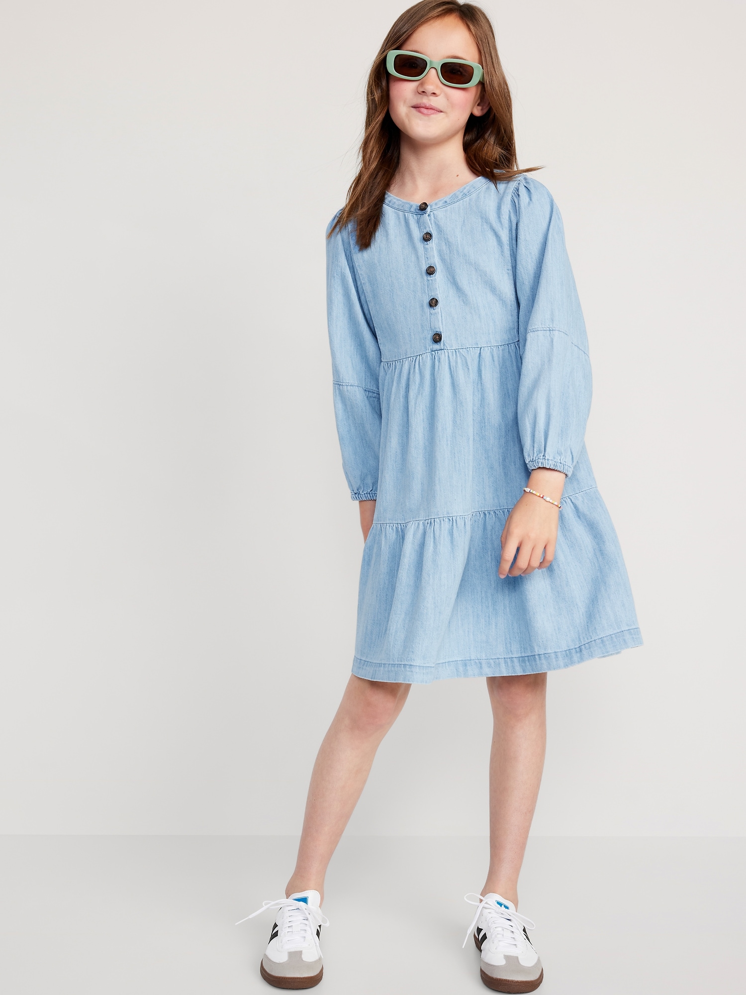 Long-Sleeve Button-Front Tiered Swing Dress for Girls | Old Navy