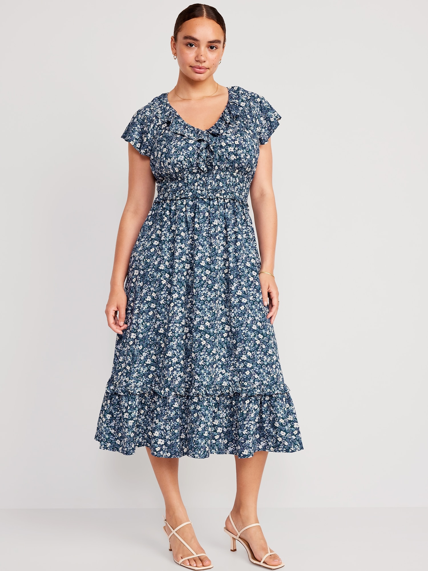 Waist-Defined Flutter-Sleeve Floral Midi Dress | Old Navy