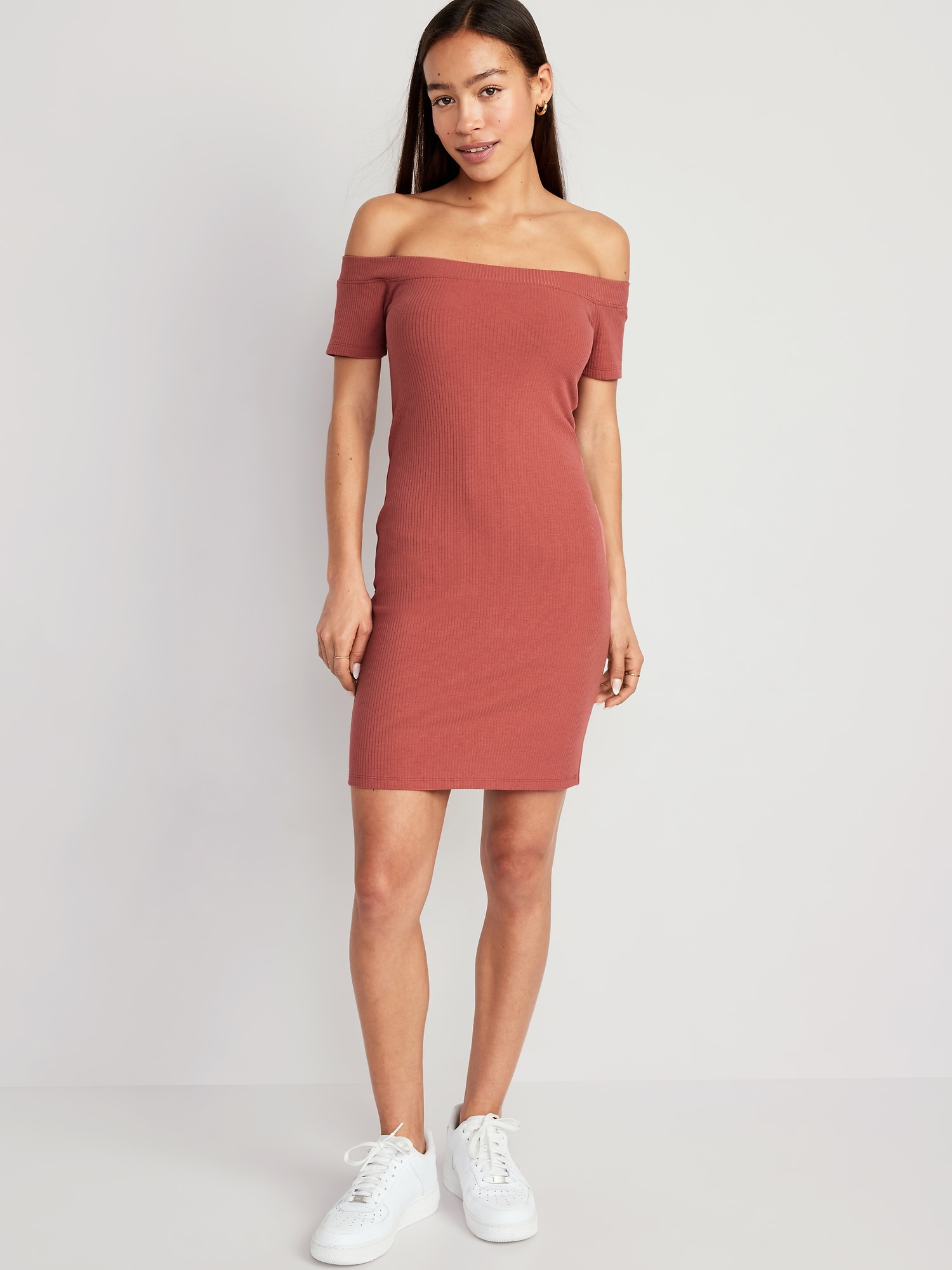 Fitted Off-The-Shoulder Rib-Knit Mini Dress | Old Navy