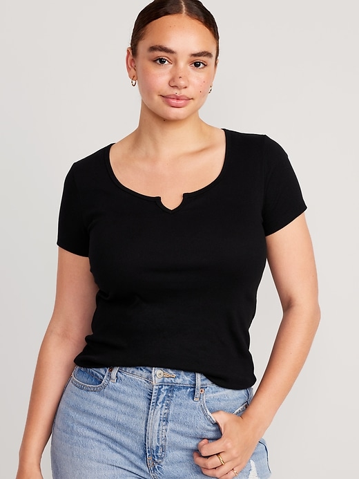 [Nur online] Fitted Rib-Knit T-Shirt for Women Old | Navy
