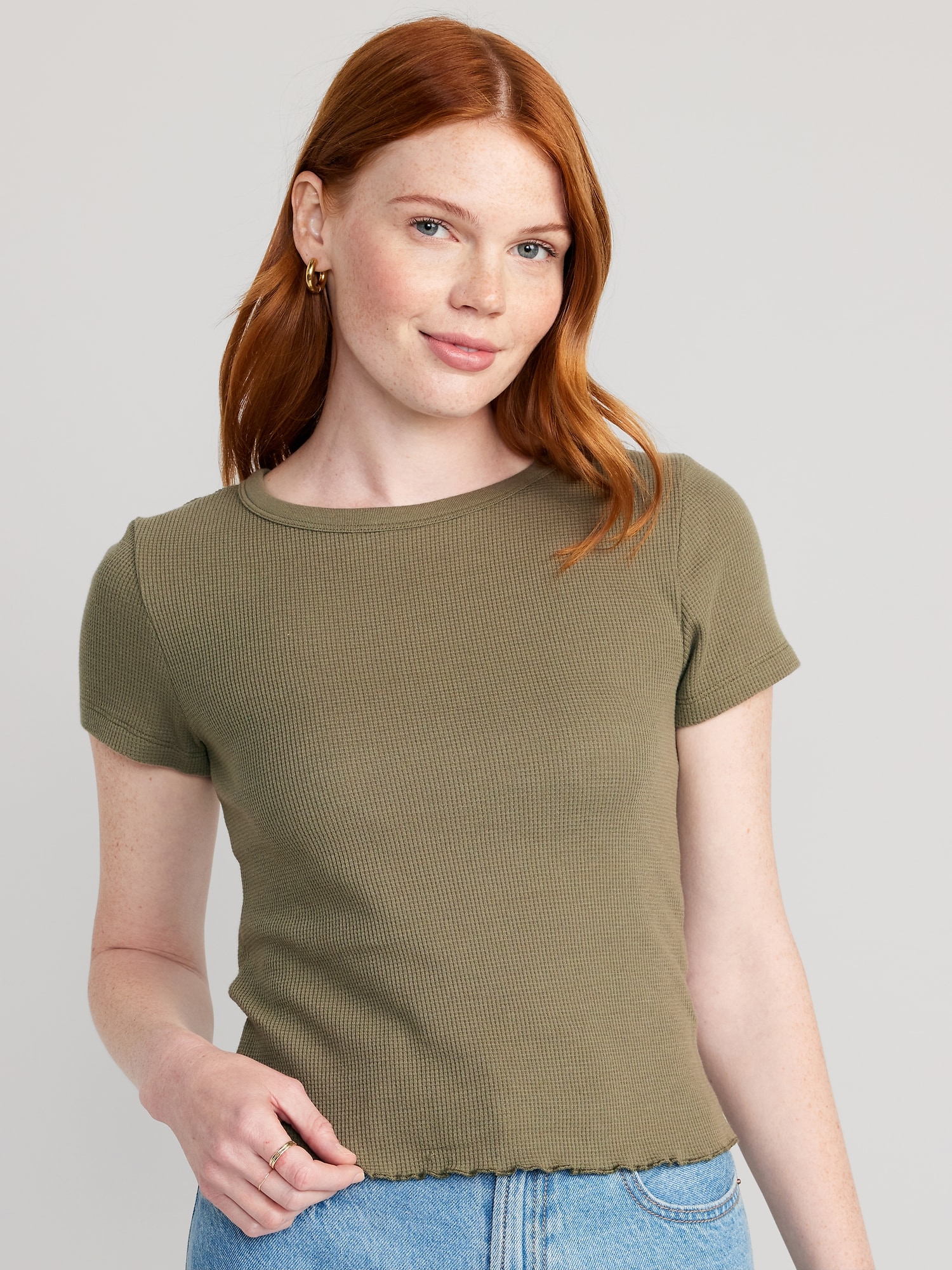 Lettuce-Edge Thermal-Knit Cropped T-Shirt