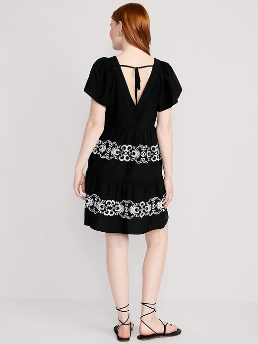 old navy embroidered mini swing dress Old Navy Blue Embroidered Mini Dress L Puff Sleeve Tiered Swing Boho  Cottagecore