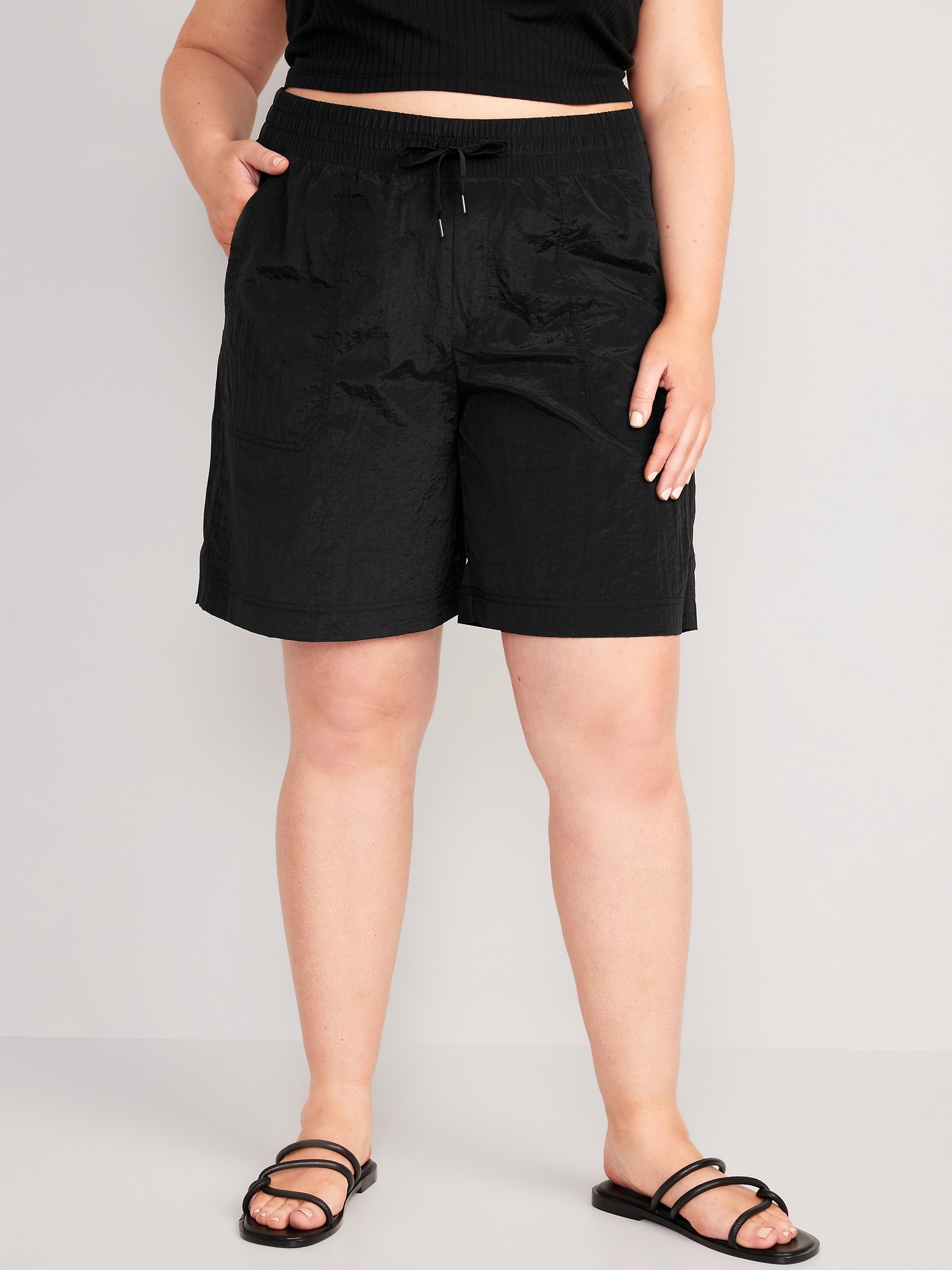 High-Waisted Shiny Nylon Bermuda Shorts for Women -- 11-inch