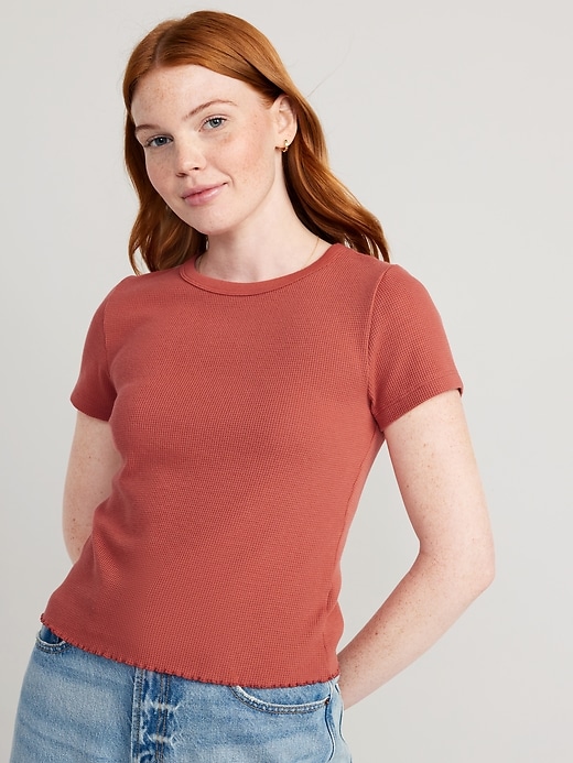 Image number 1 showing, Lettuce-Edge Thermal-Knit Cropped T-Shirt for Women