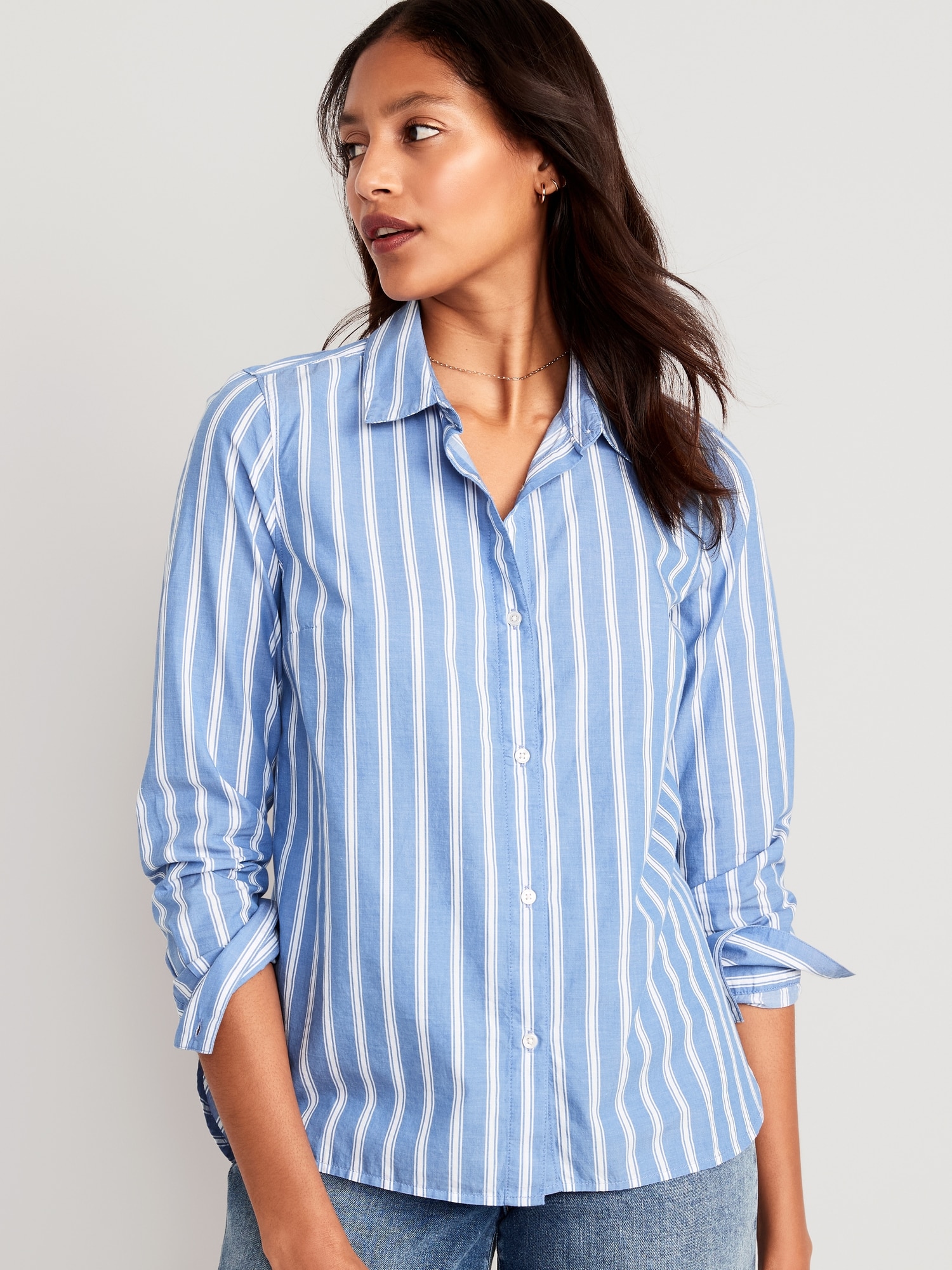 Old Navy Striped Classic Button-Down Shirt for Women blue. 1