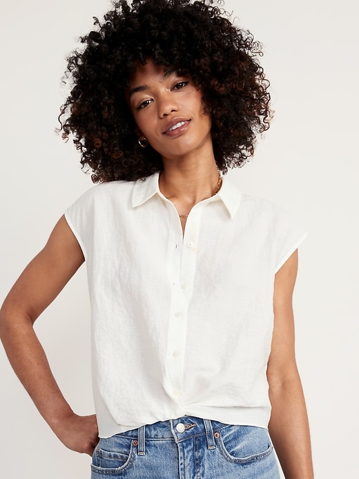 Image number 1 showing, Dolman-Sleeve Twist-Front Cropped Shirt