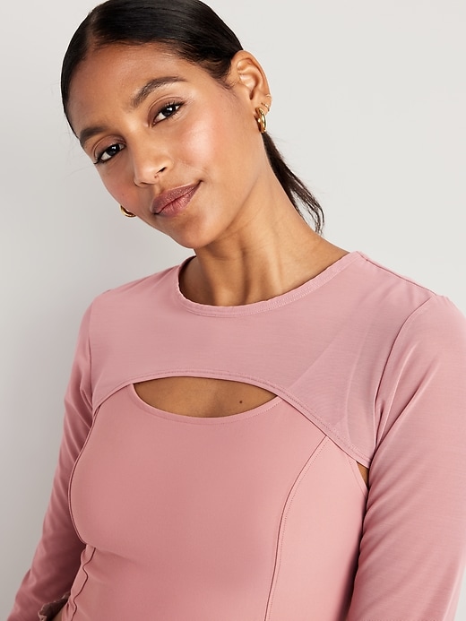 Image number 4 showing, PowerSoft 2-in-1 Mesh-Sleeve Crop Top