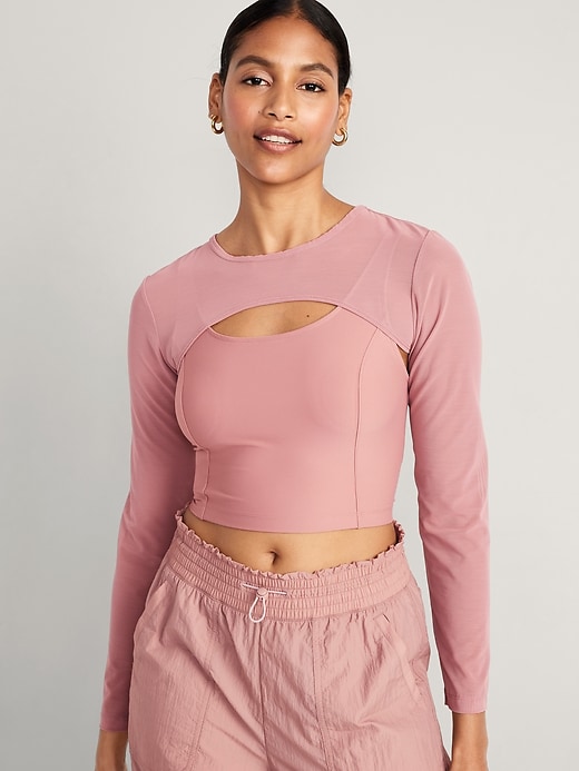 Image number 1 showing, PowerSoft 2-in-1 Mesh-Sleeve Crop Top