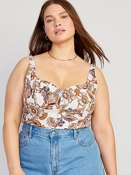 Fitted Sleeveless Linen-Blend Floral Top