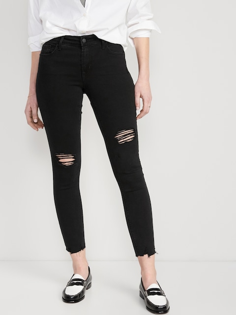 Mid-Rise Rockstar Super-Skinny Ankle Jeans - Ripped Black Wash