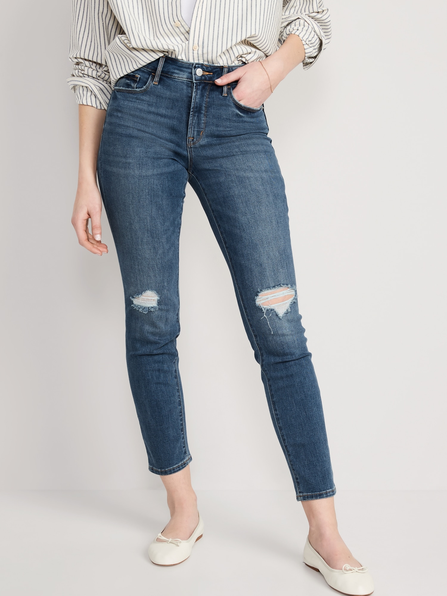High-Waisted Distressed Power Slim Straight Jeans For Women | Old Navy
