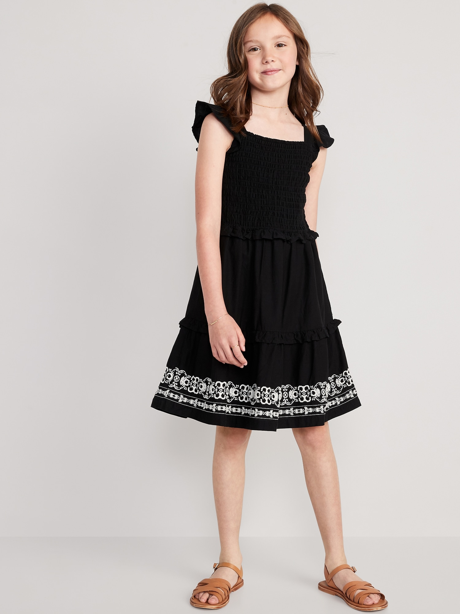 Matching Sleeveless Tiered Embroidered Fit & Flare Dress for Girls