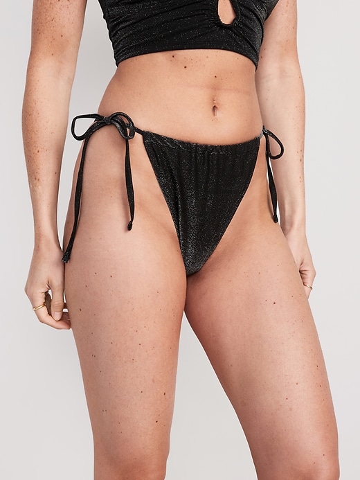 Image number 1 showing, High-Waisted Metallic Shine String Bikini Swim Bottoms
