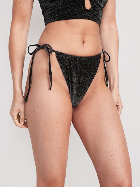 High-Waisted Metallic Shine String Bikini Swim Bottoms