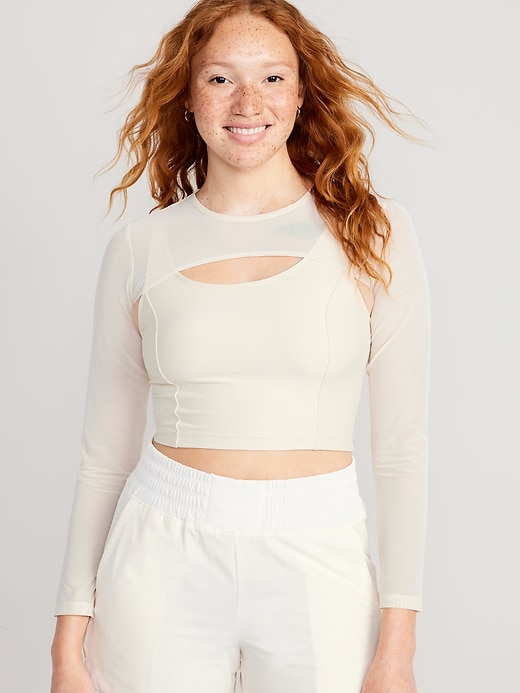 Image number 1 showing, PowerSoft 2-in-1 Mesh-Sleeve Crop Top