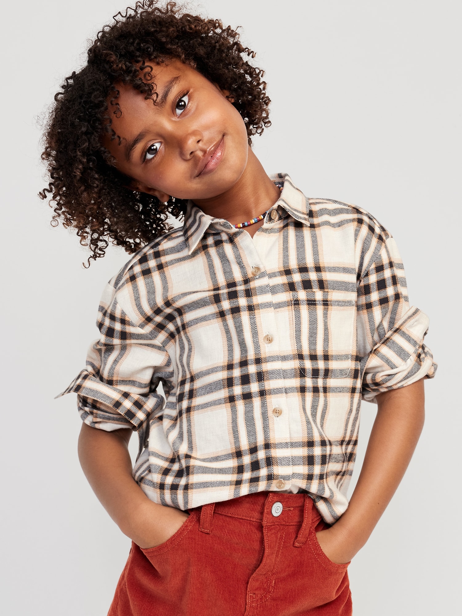 Cozy Long-Sleeve Button-Front Plaid Tunic Shirt for Girls