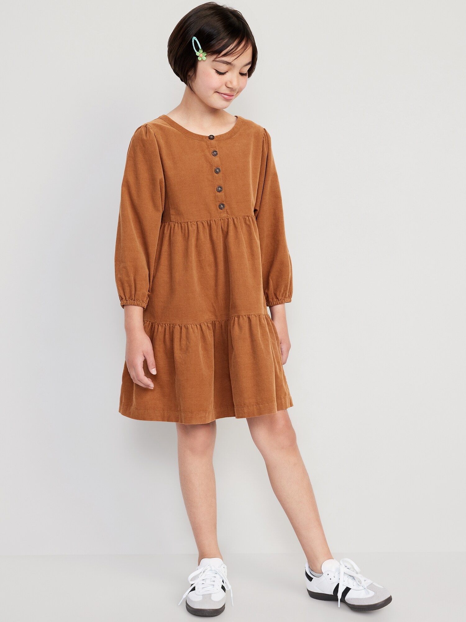 Long-Sleeve Button-Front Tiered Corduroy Swing Dress for Girls
