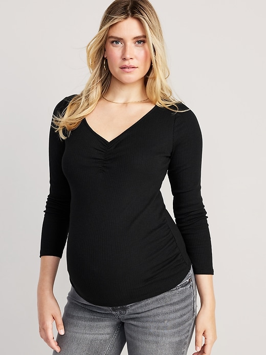 Maternity Fitted Cinched-Front Rib-Knit T-Shirt | Old Navy