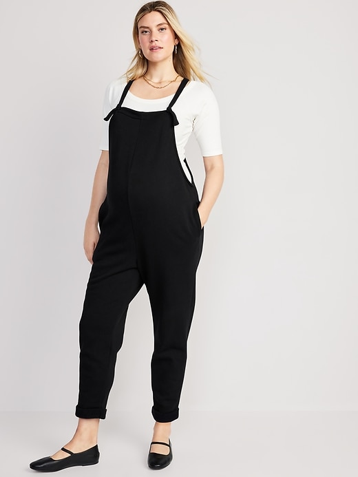 Image number 1 showing, Maternity Knotted-Strap Fleece Overalls