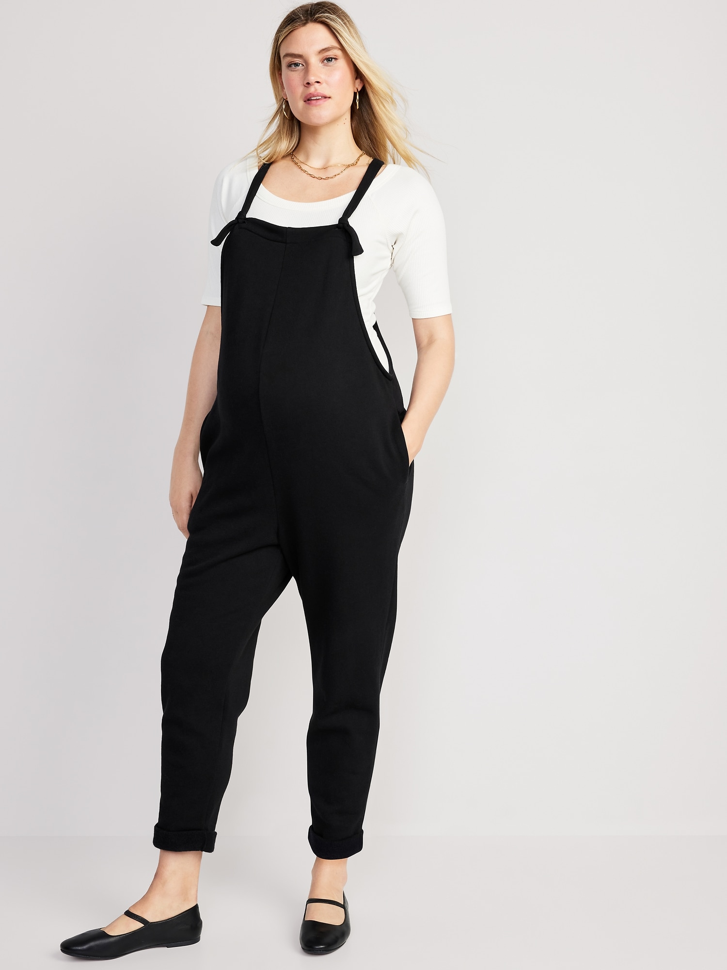 Maternity Knotted-Strap Fleece Overalls | Old Navy