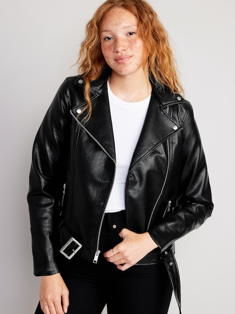 Faux-Leather Belted Biker Jacket - Black Jack